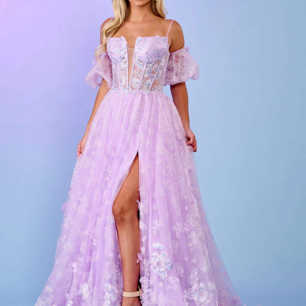 Rachel Allan Lilac Lace Prom Dress